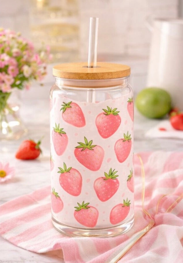 Strawberry Glass Cup 16oz | Aesthetic Iced Coffee Tumbler