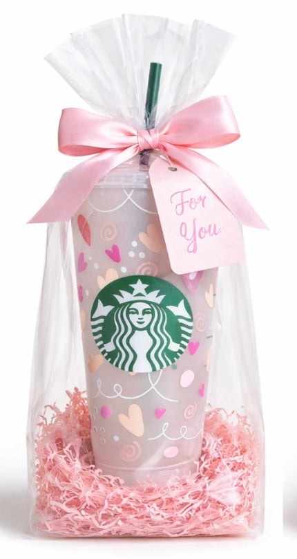 Personalized Starbucks Cold Cup 24oz – Pastel Heart Custom Iced Coffee Tumbler | Gift Wrapped Option