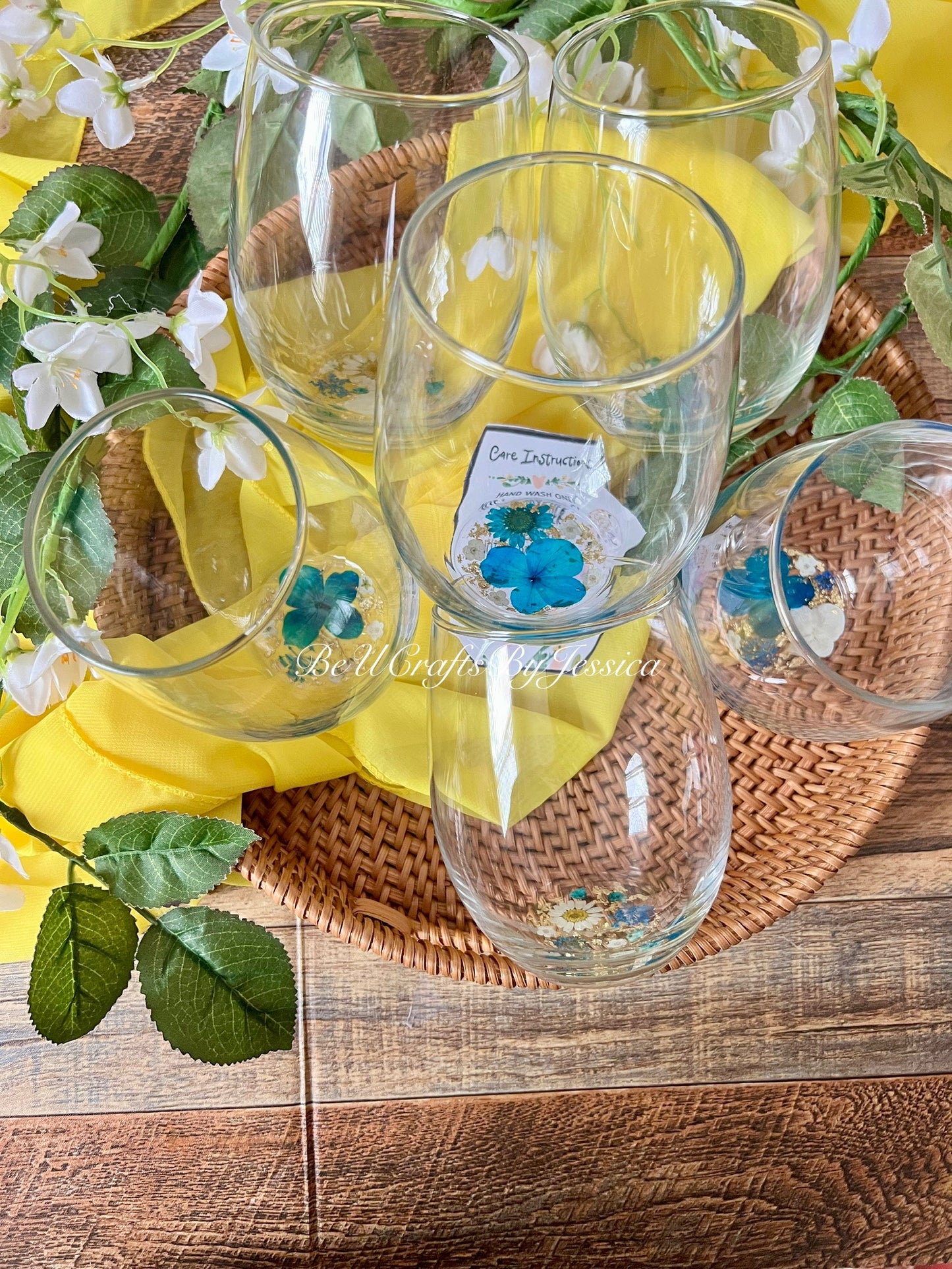 Wine Glass - Blue & White Flowers