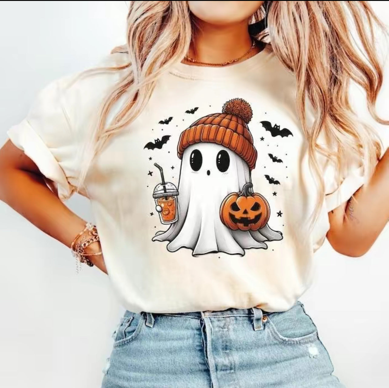 Cozy Halloween Ghost t-shirt – Fall Pumpkin & Coffee Vibes