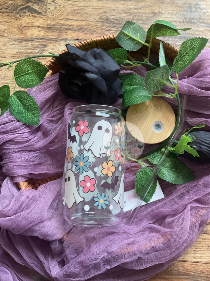 Spooky Floral Ghost -Glass Can