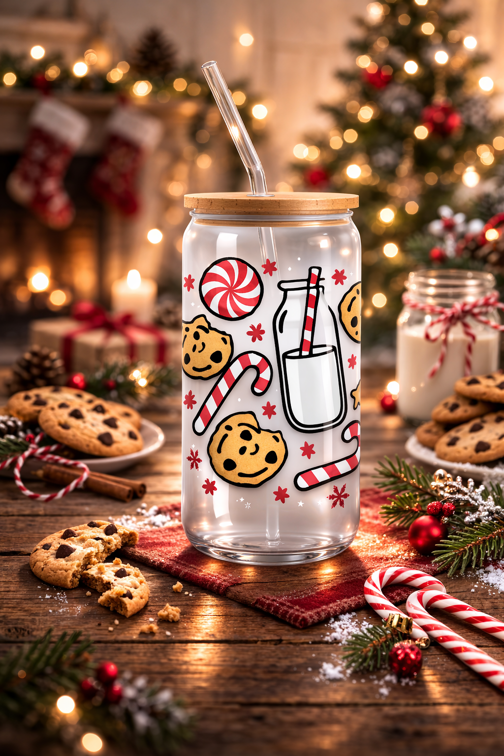 Milk & Cookies 16oz Glass Can Cup with Lid & Straw — Holiday Gift Drinkware