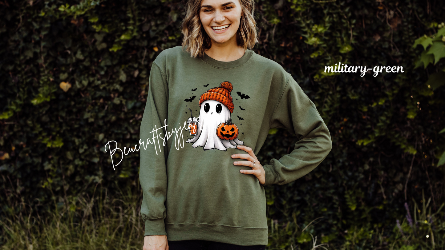 Cozy Halloween Ghost Sweatshirt – Fall Pumpkin & Coffee VibesSweatshirt
