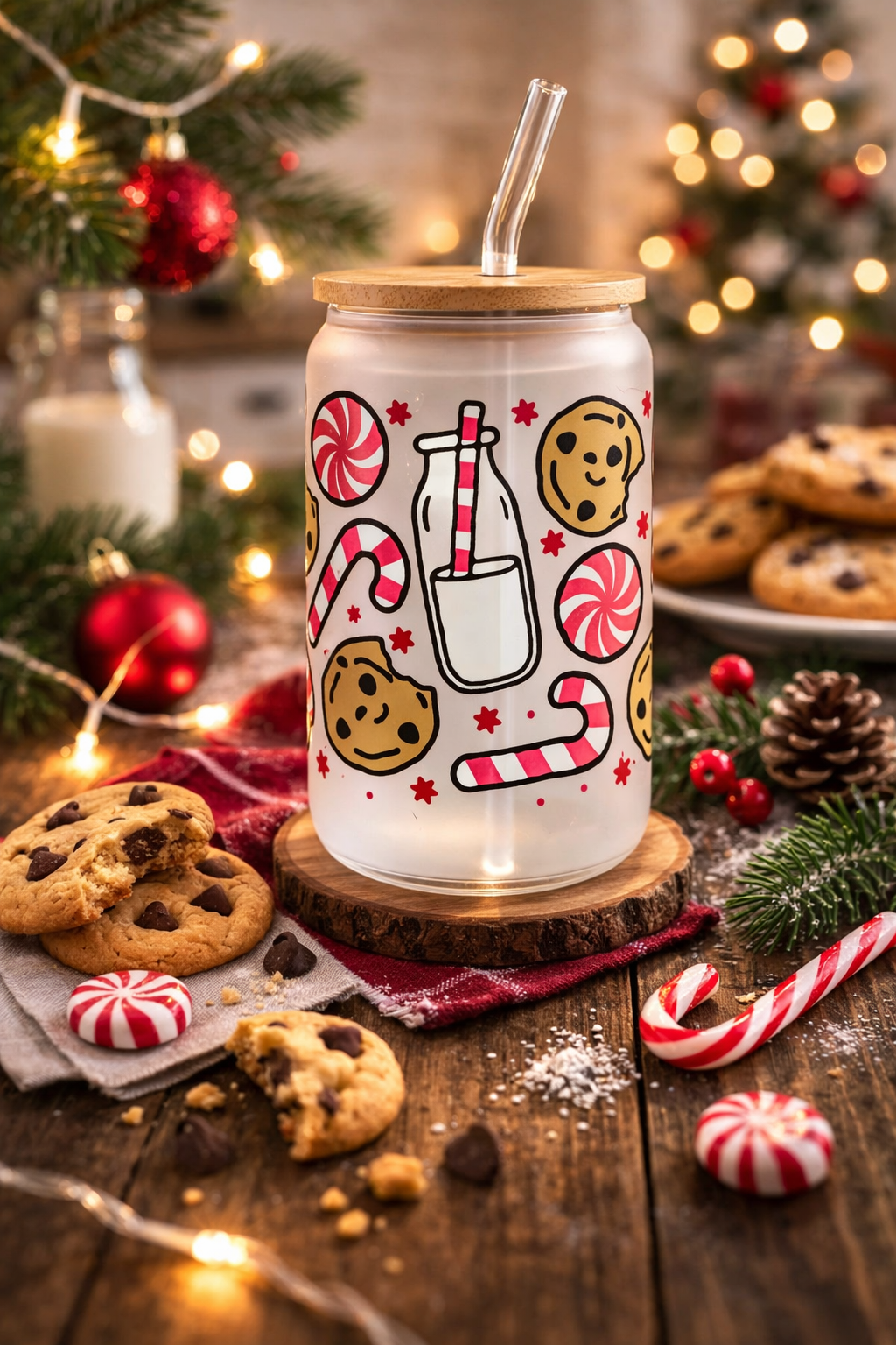 Milk & Cookies 16oz Glass Can Cup with Lid & Straw — Holiday Gift Drinkware