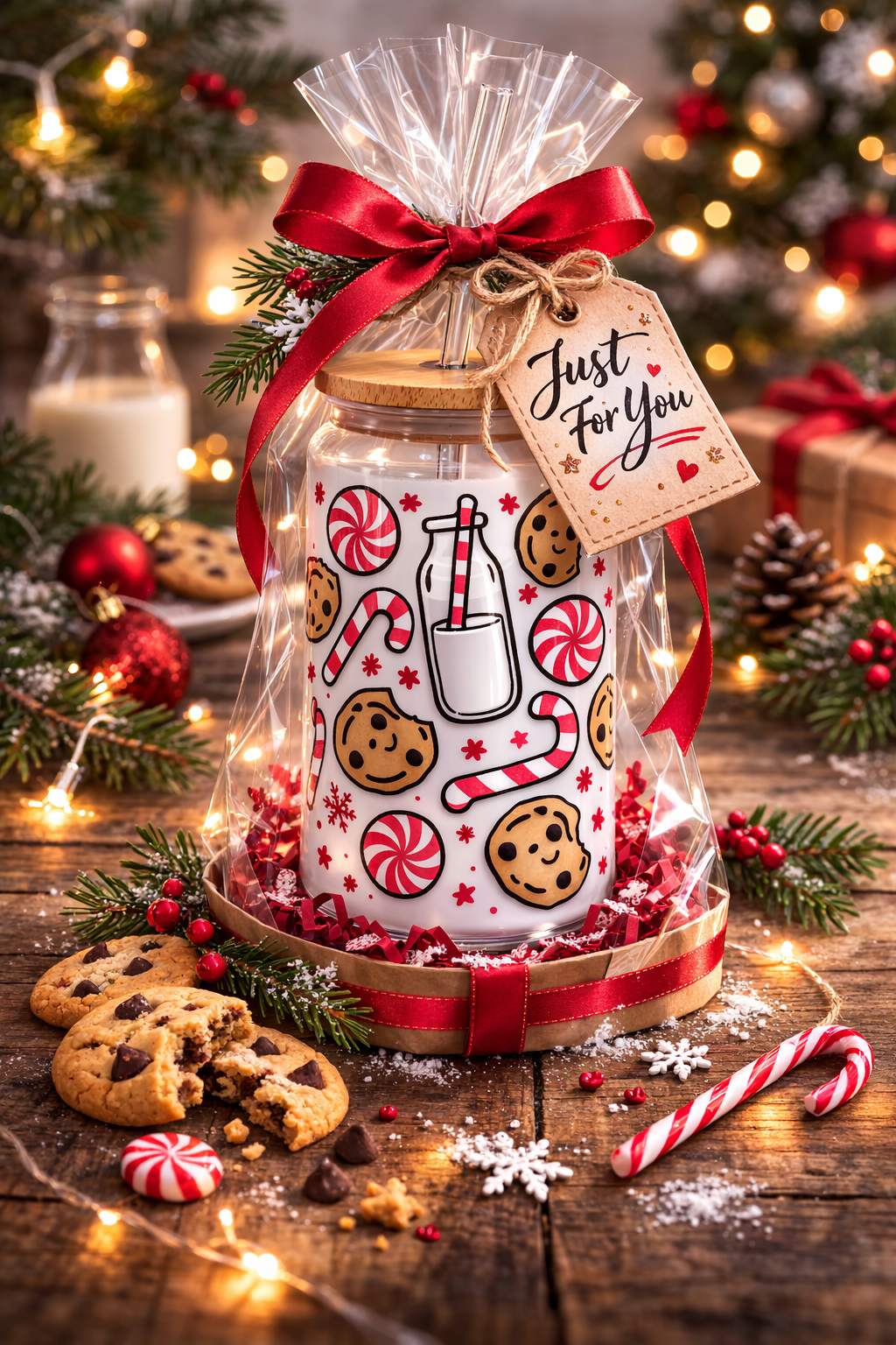 Milk & Cookies 16oz Glass Can Cup with Lid & Straw — Holiday Gift Drinkware