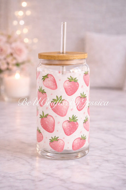 Strawberry Glass Cup 16oz | Aesthetic Iced Coffee Tumbler
