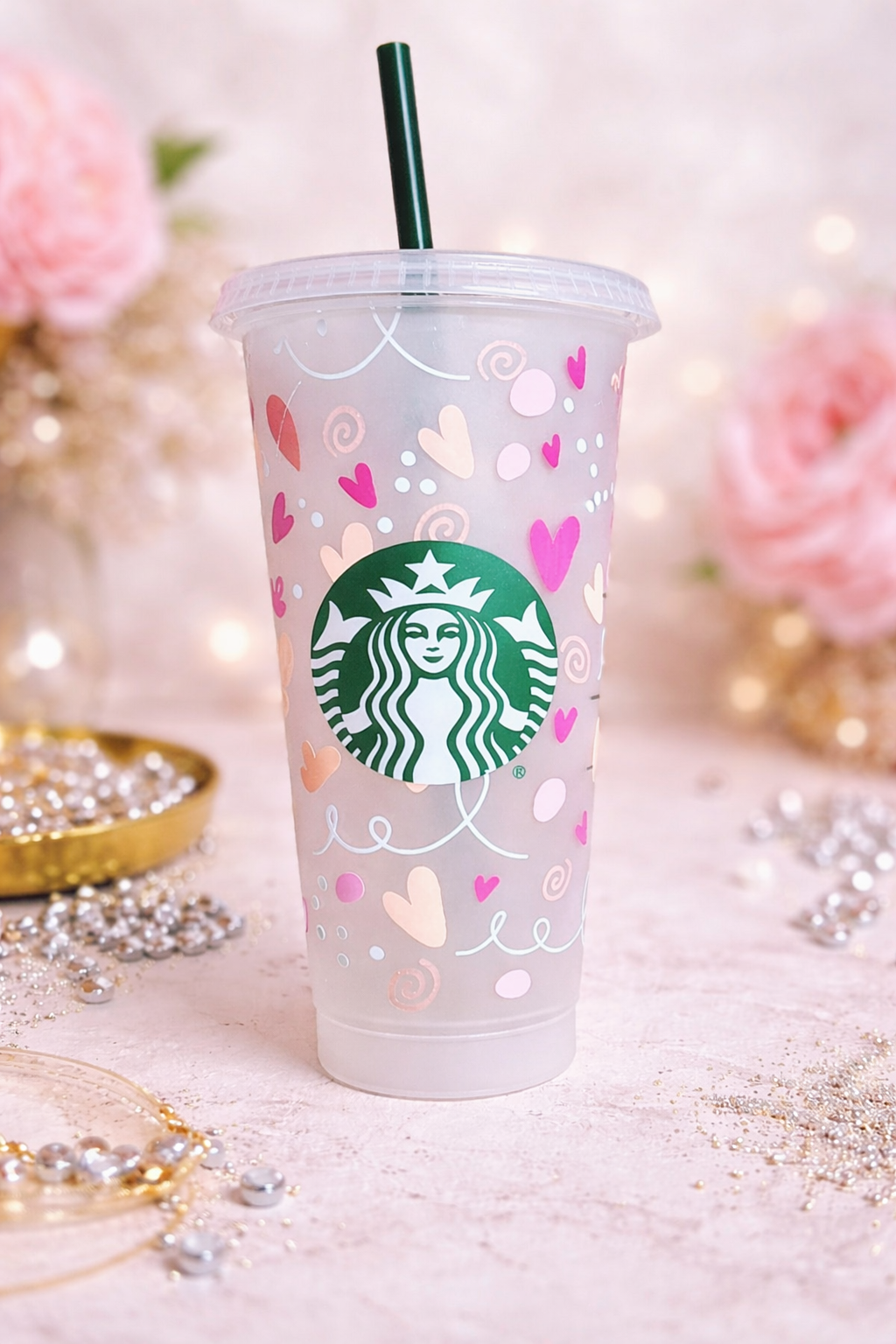 Personalized Starbucks Cold Cup 24oz – Pastel Heart Custom Iced Coffee Tumbler | Gift Wrapped Option
