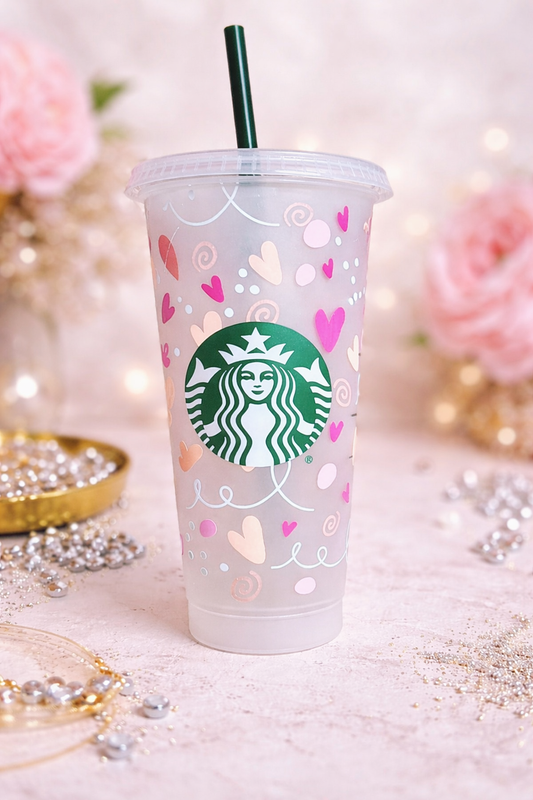 Personalized Starbucks Cold Cup 24oz – Pastel Heart Custom Iced Coffee Tumbler | Gift Wrapped Option