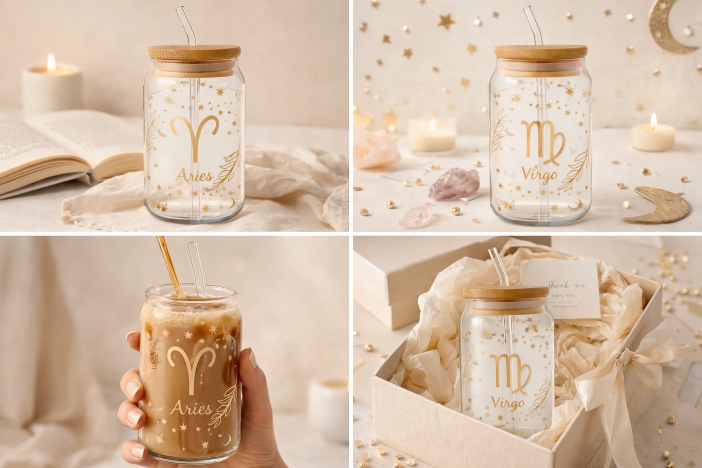 Zodiac Glass Cup – 16oz Astrology Libbey Cup with Bamboo Lid & Straw – Celestial Gold Design – Personalized Zodiac Gift