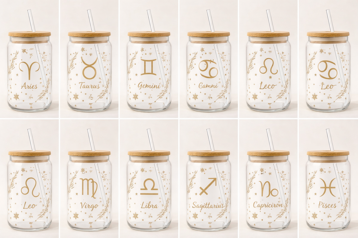 Zodiac Glass Cup – 16oz Astrology Libbey Cup with Bamboo Lid & Straw – Celestial Gold Design – Personalized Zodiac Gift