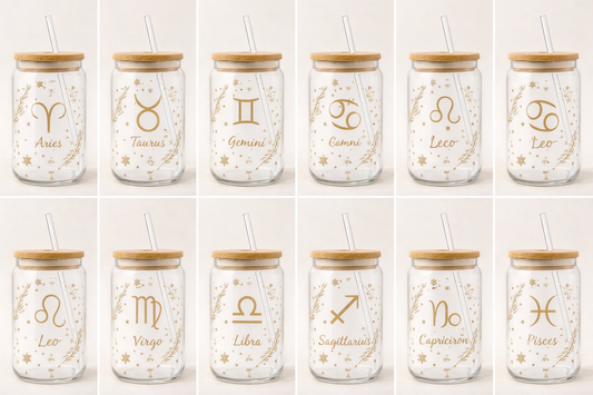 Zodiac Glass Cup – 16oz Astrology Libbey Cup with Bamboo Lid & Straw – Celestial Gold Design – Personalized Zodiac Gift
