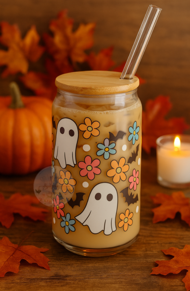 Spooky Floral Ghost -Glass Can