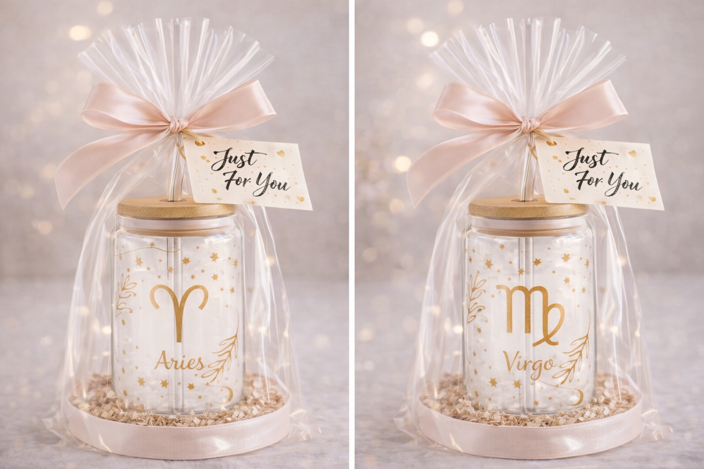 Zodiac Glass Cup – 16oz Astrology Libbey Cup with Bamboo Lid & Straw – Celestial Gold Design – Personalized Zodiac Gift