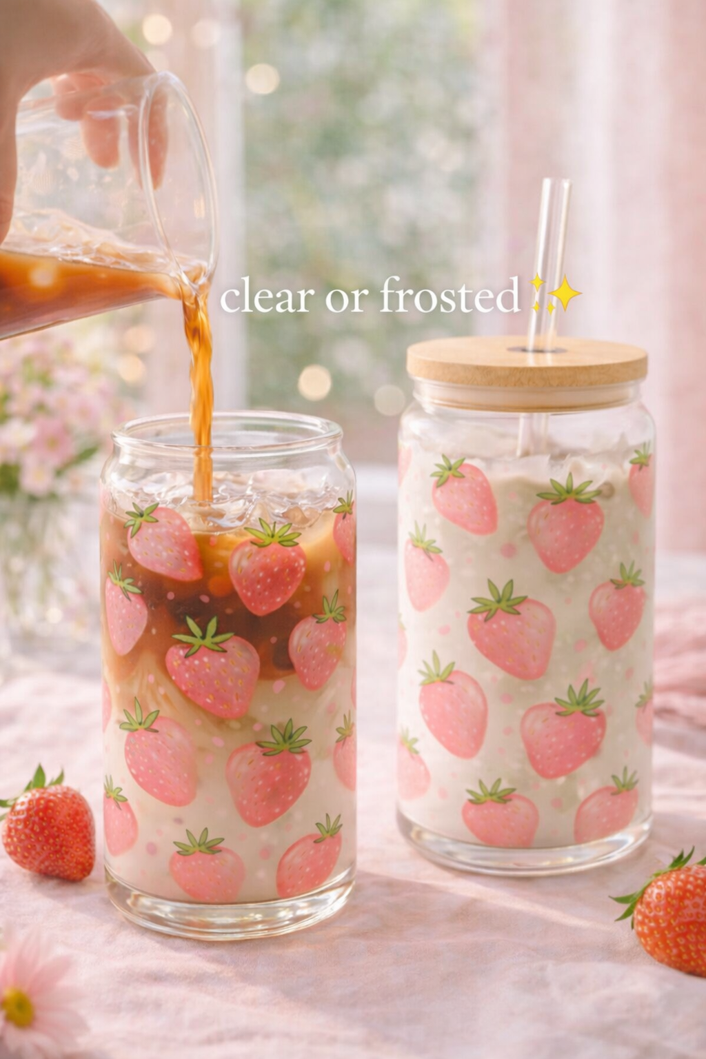 Strawberry Glass Cup 16oz | Aesthetic Iced Coffee Tumbler