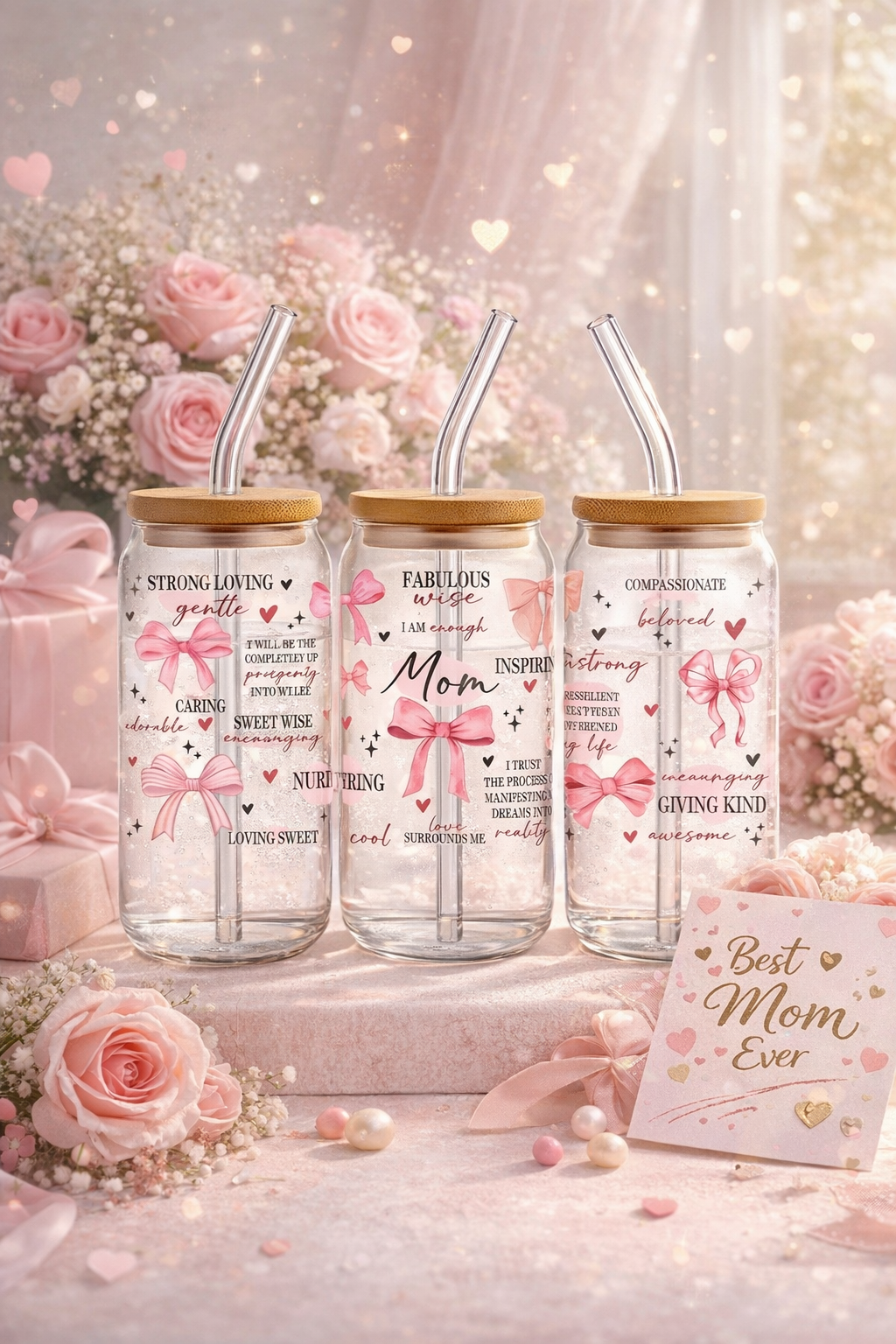 Mom Iced Coffee Glass Cup – 16oz & 18oz Frosted or Clear – Bamboo Lid & Straw – Gift for Mom