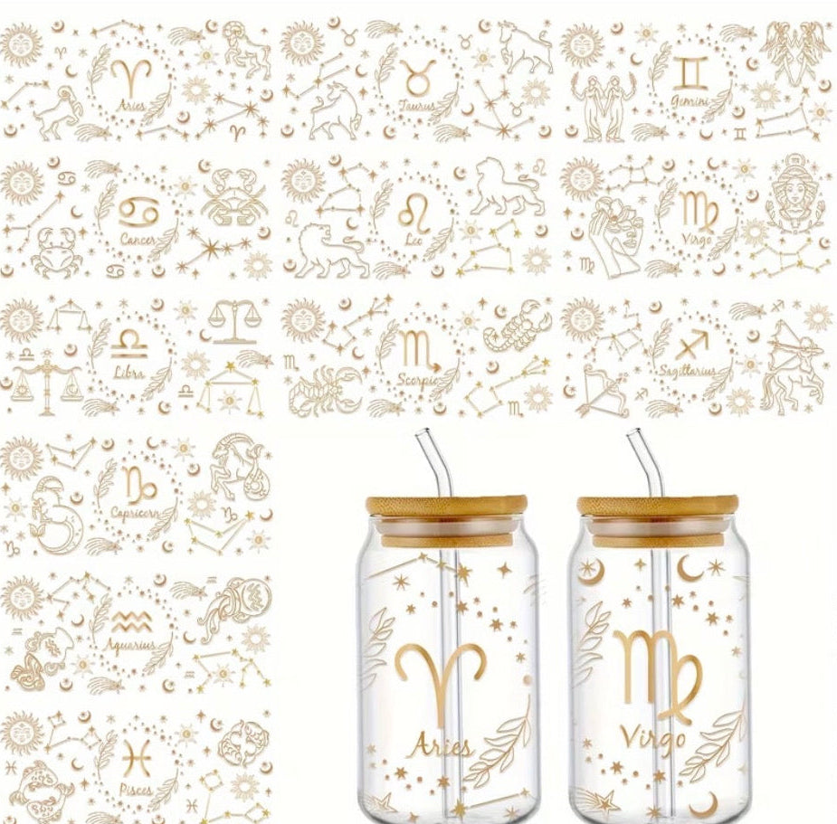 Zodiac Glass Cup – 16oz Astrology Libbey Cup with Bamboo Lid & Straw – Celestial Gold Design – Personalized Zodiac Gift