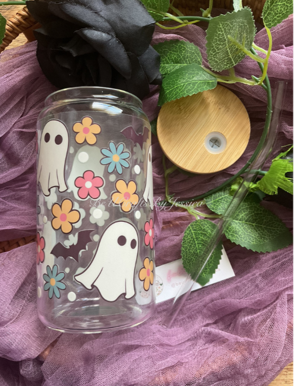Spooky Floral Ghost -Glass Can