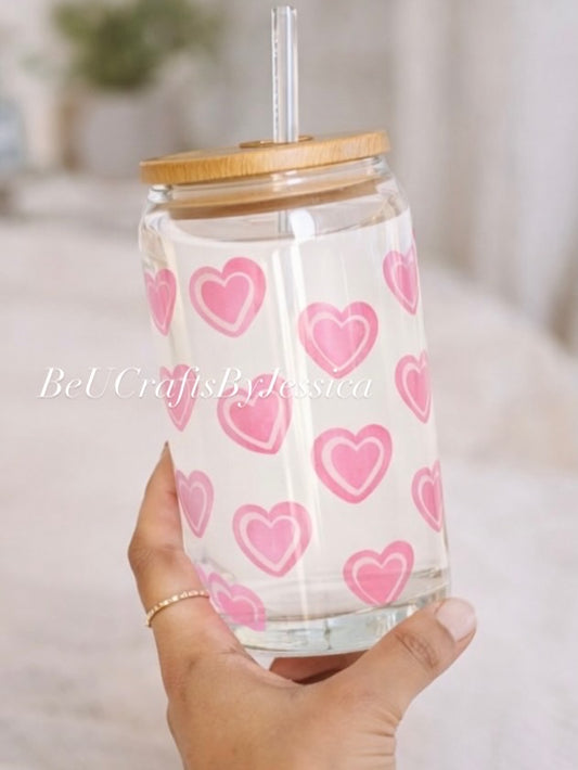 Pink Heart Glass Can Cup | 16oz Iced Coffee Tumbler | Giftable Valentine Cup