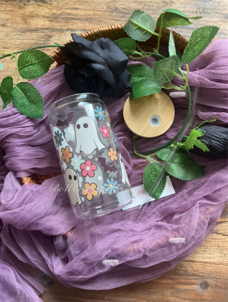 Spooky Floral Ghost -Glass Can