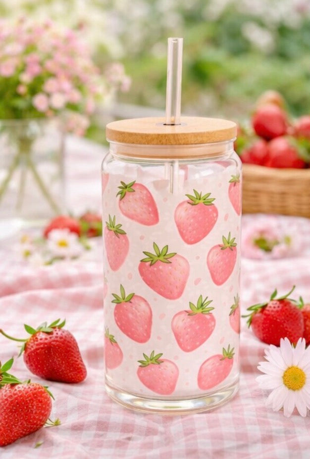 Strawberry Glass Cup 16oz | Aesthetic Iced Coffee Tumbler