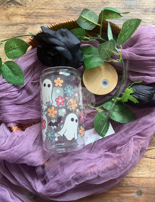Spooky Floral Ghost -Glass Can