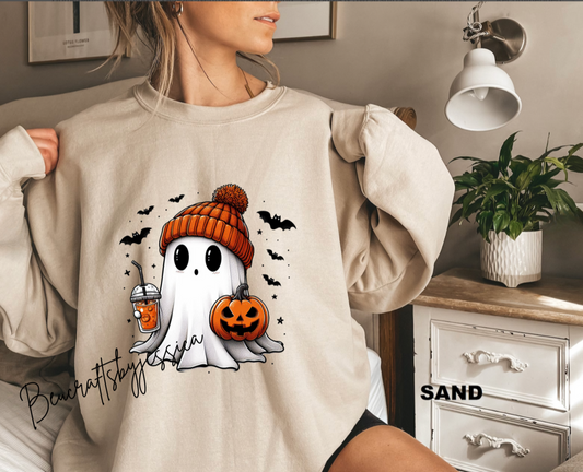 Cozy Halloween Ghost Sweatshirt – Fall Pumpkin & Coffee VibesSweatshirt