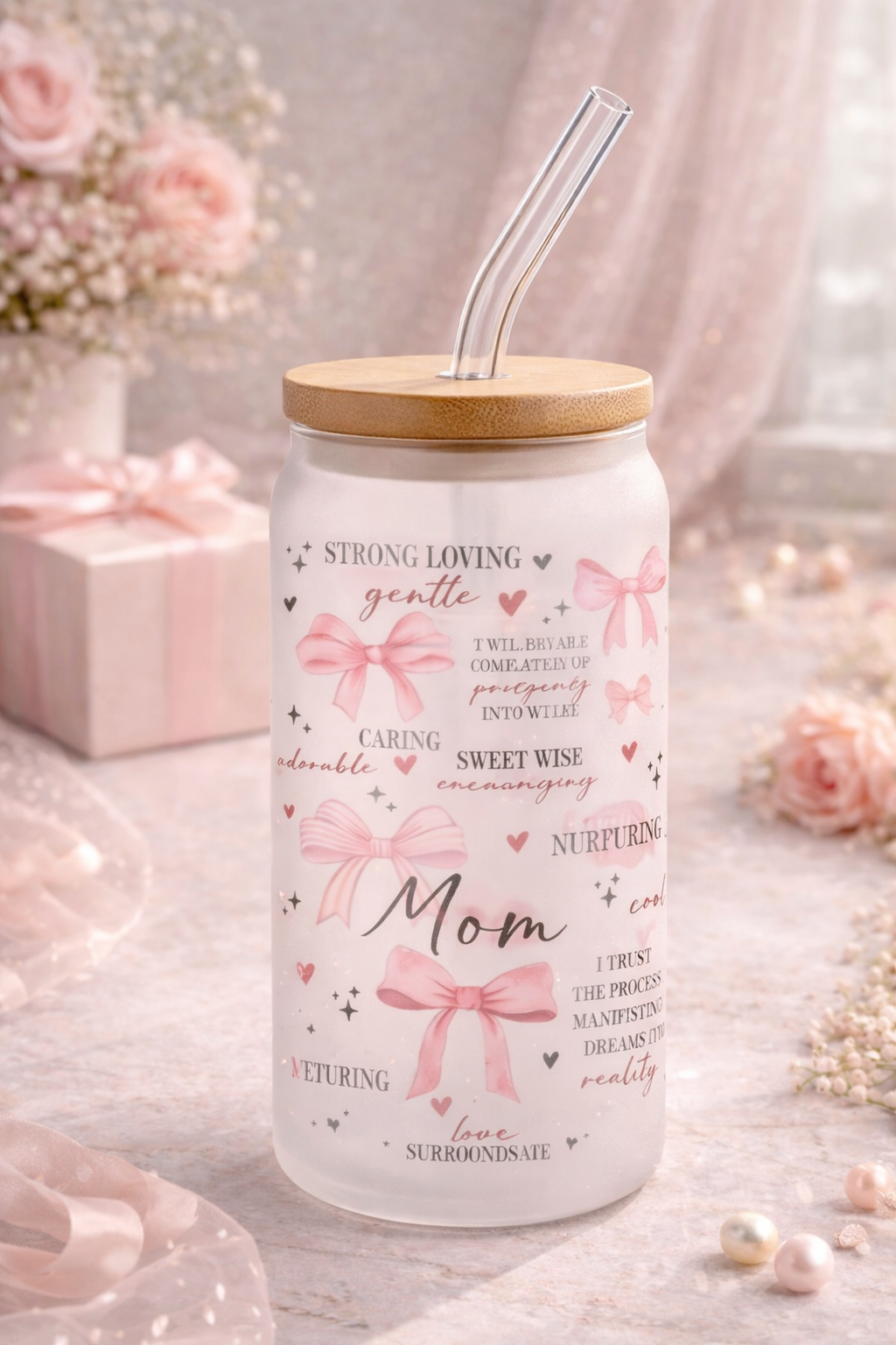 Mom Iced Coffee Glass Cup – 16oz & 18oz Frosted or Clear – Bamboo Lid & Straw – Gift for Mom