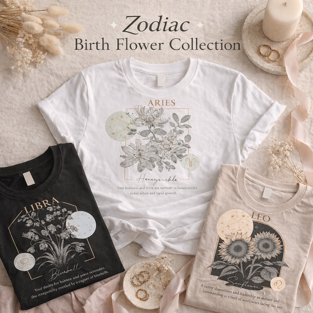 Zodiac Birth Flower T-Shirt – Personalized Astrology Floral Graphic Tee | Birthday Gift for Her