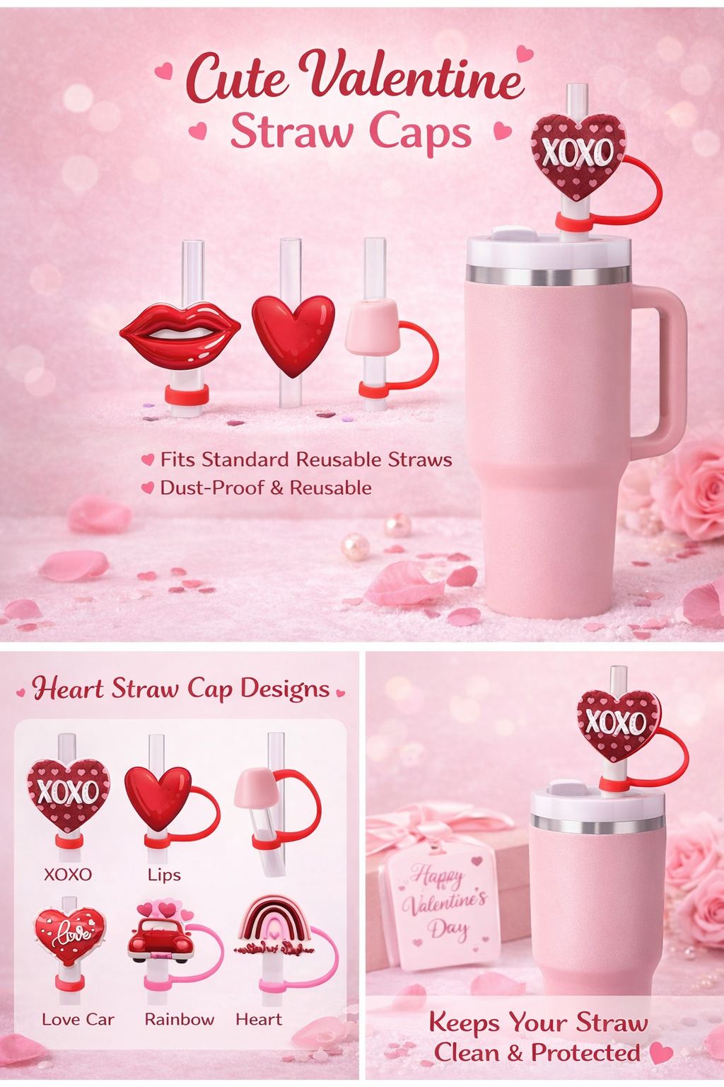 Valentine’s Day Heart Straw Caps – Reusable Dust-Proof Straw Toppers (XOXO, Love & Heart Designs)