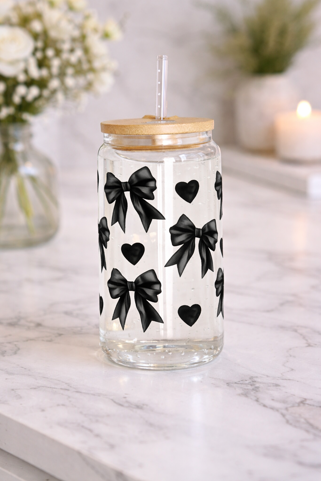 Black Bow & Heart Libbey Glass Can Cup | 16oz Aesthetic Iced Coffee Tumbler