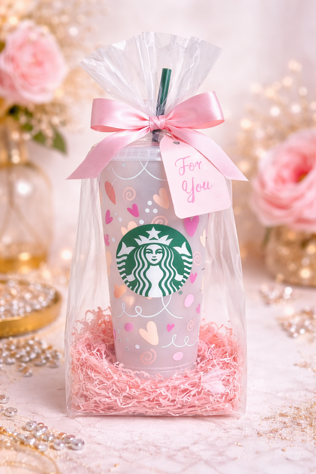 Personalized Starbucks Cold Cup 24oz – Pastel Heart Custom Iced Coffee Tumbler | Gift Wrapped Option