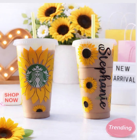 Custom Sunflower Starbucks Cold Cup – Personalized Name Option