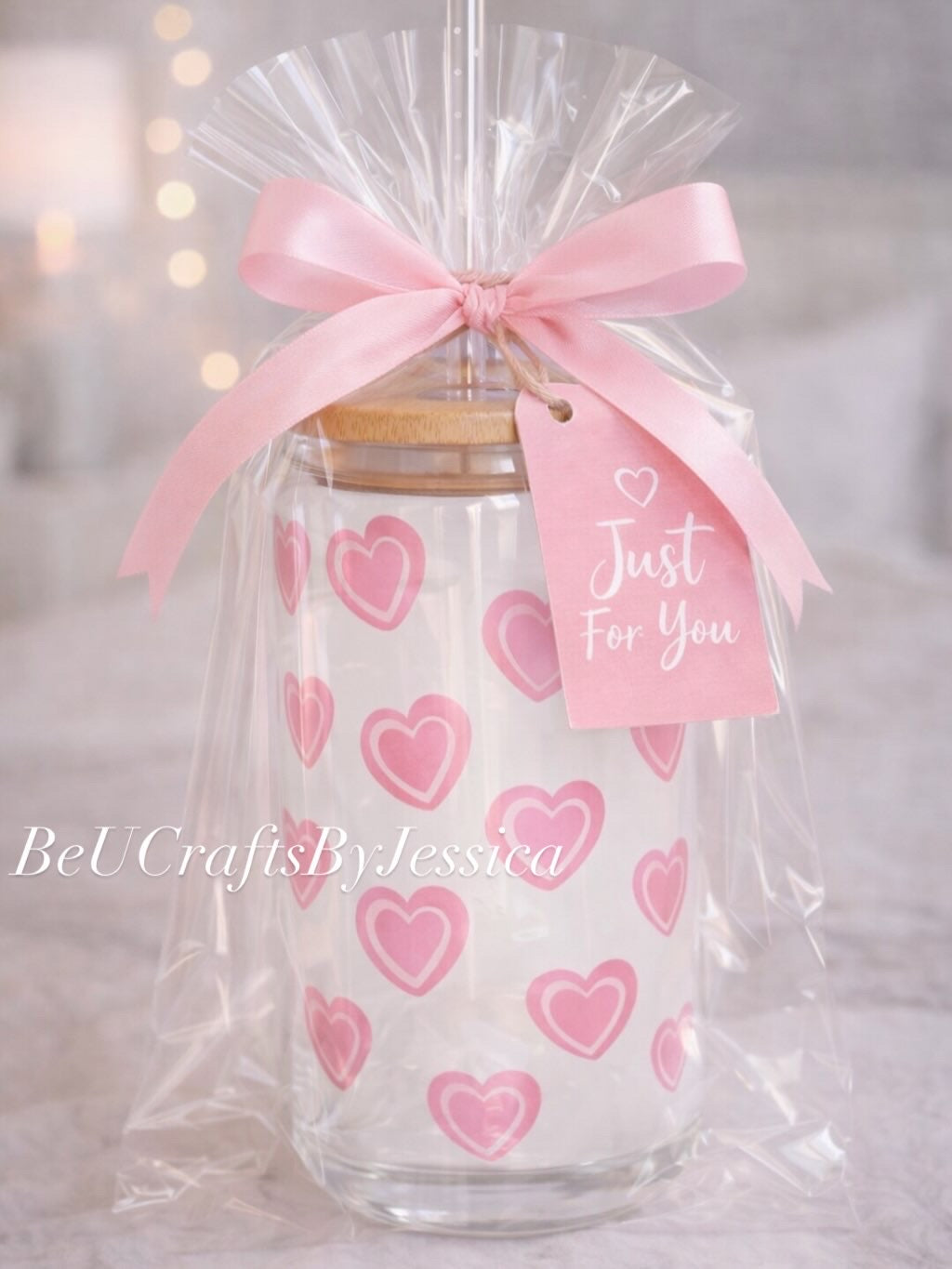 Pink Heart Glass Can Cup | 16oz Iced Coffee Tumbler | Giftable Valentine Cup