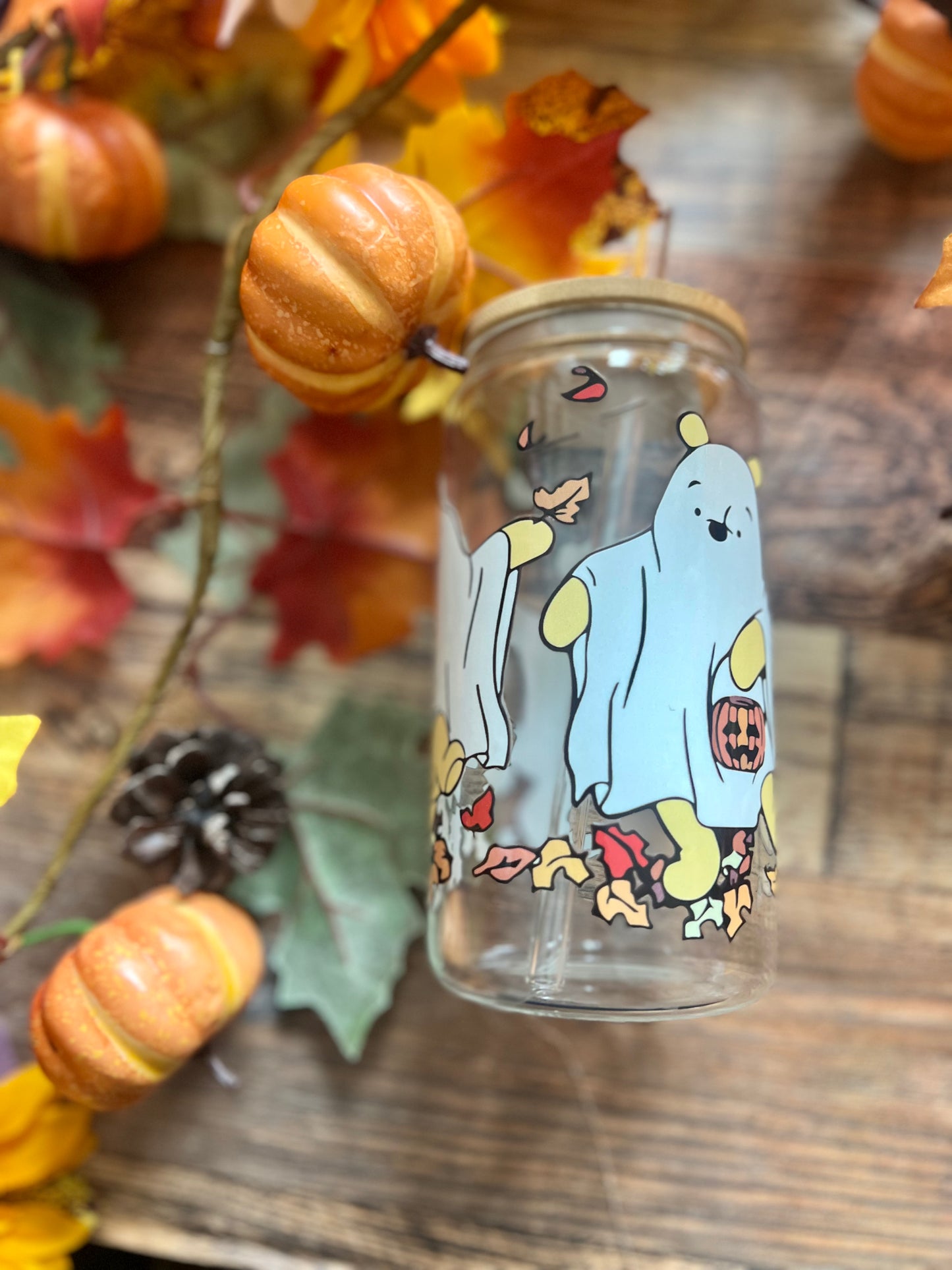 Fall Ghost Bear Glass Cup – 16oz Libbey Can Glass