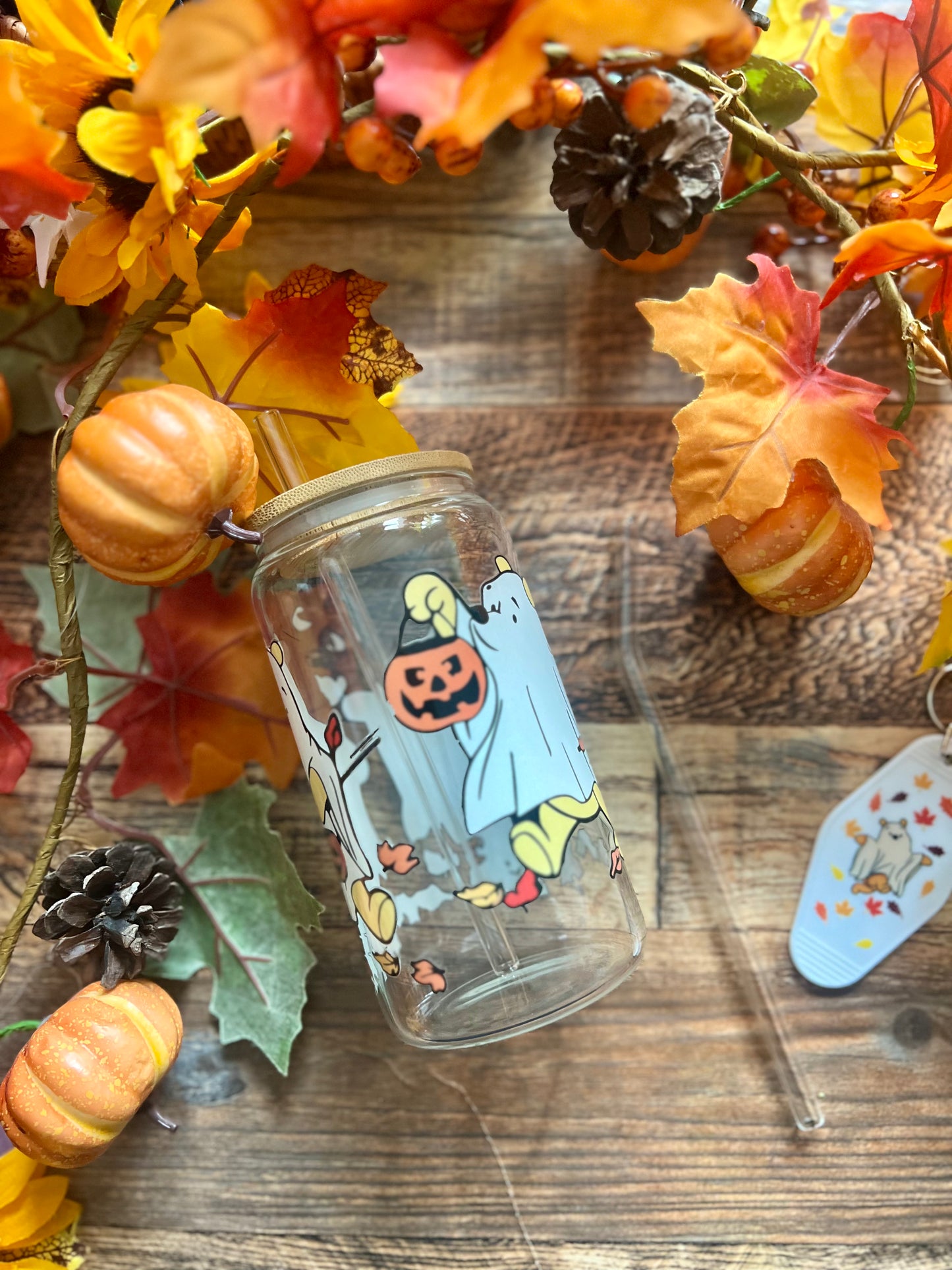 Fall Ghost Bear Glass Cup – 16oz Libbey Can Glass