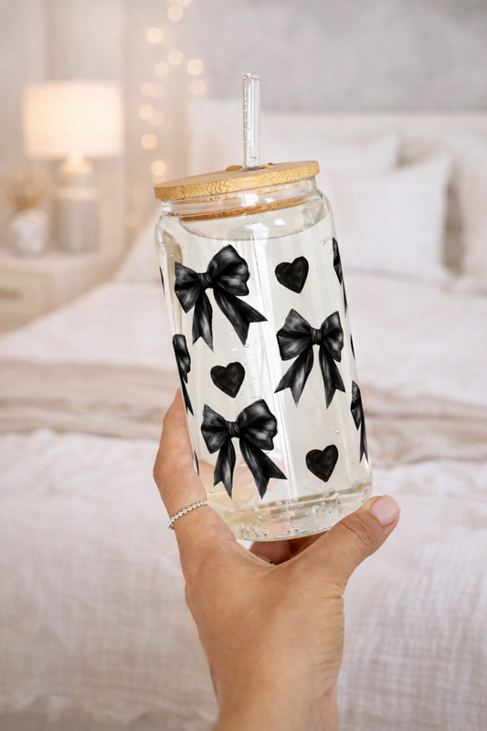 Black Bow & Heart Libbey Glass Can Cup | 16oz Aesthetic Iced Coffee Tumbler